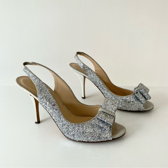kate spade Sparkly Glitter Bow Slingback Silver Metallic Girlie Feminine Heels - Picture 7 of 17